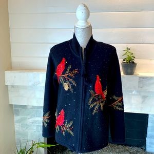 Embroidered Red Cardinal Zip-Front Knit Cardigan - Women